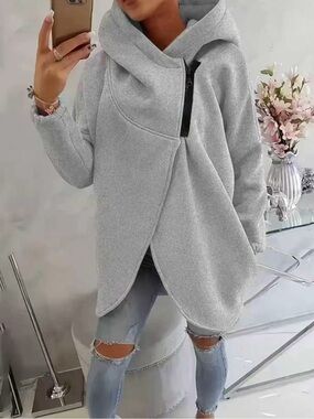 Cozy Light Gray Asymmetric Hooded Coatigan